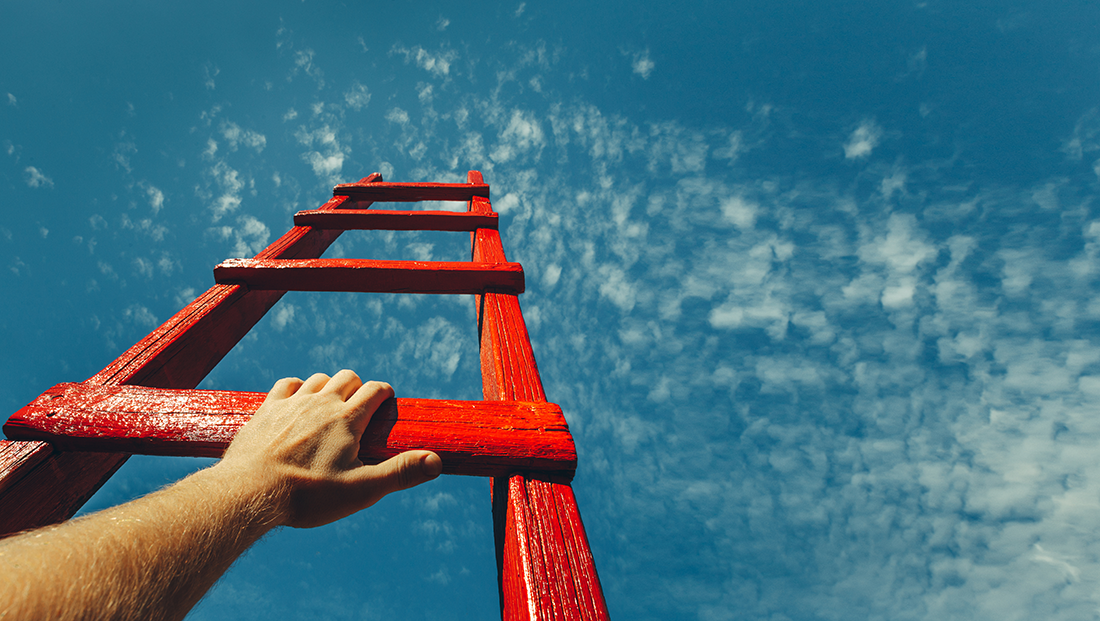 Steve Gaskin University of Plymouth: Man's hand reaching for a red ladder leading to the sky