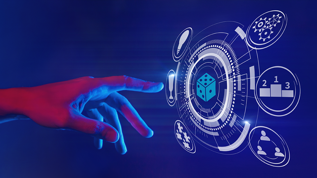 gamification: gaming technology illustration in neon style and a hand touching a dice icon